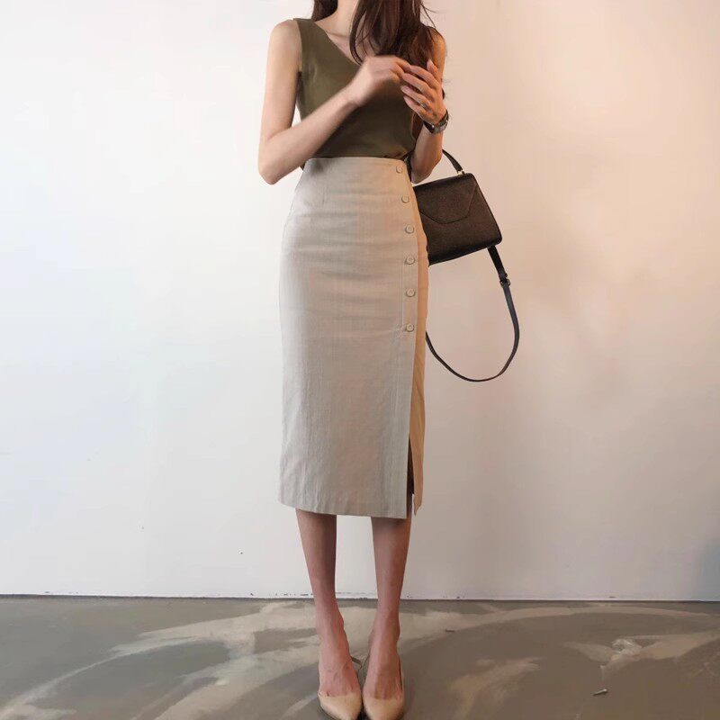 棉麻开叉半身裙女2026新款高腰垂感半裙小个子气质中长一步包臀裙