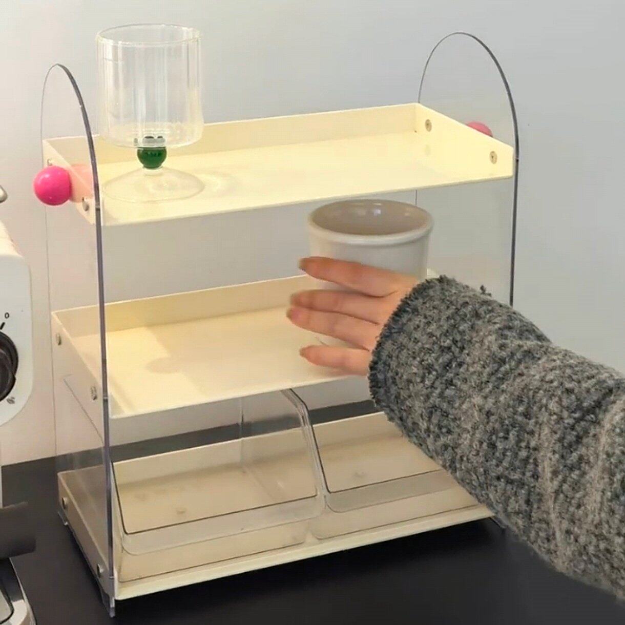 桌面多层透明杯架杯子收纳置物架轻奢高级感餐边柜靠墙一体储物柜