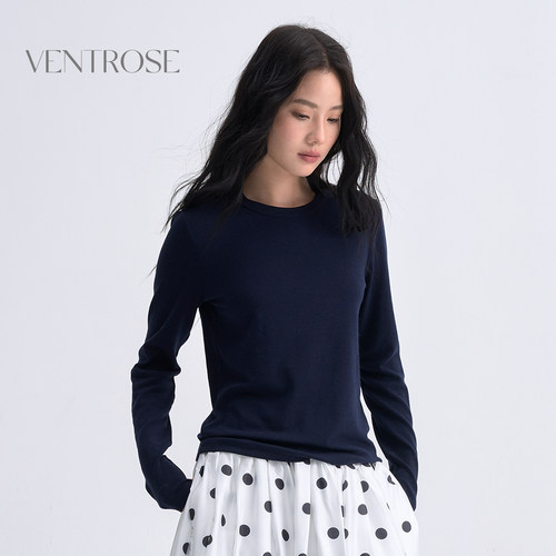 VENTROSE柔软舒适圆领长袖针织衫女百搭打底衫基础款上衣
