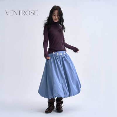 VENTROSE慵懒休闲风低腰半身裙女中长款显瘦蓝色丝光花苞裙