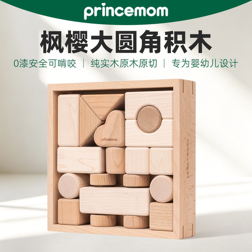 PrinceMom婴幼儿大颗粒积木玩具6个月以上0-3岁小月龄可啃咬无漆