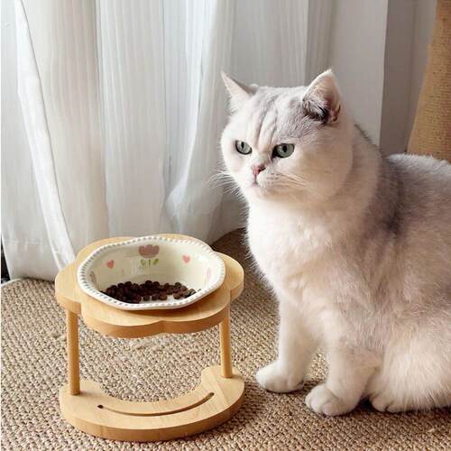 猫碗陶瓷高脚木架斜口保护颈椎狗碗狗食盆不易打翻宠物水碗增高架