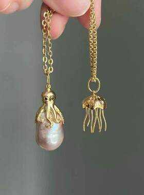 夏日海滩系列章鱼水母吊坠项链海洋天然珍珠巴洛克风格锁骨链