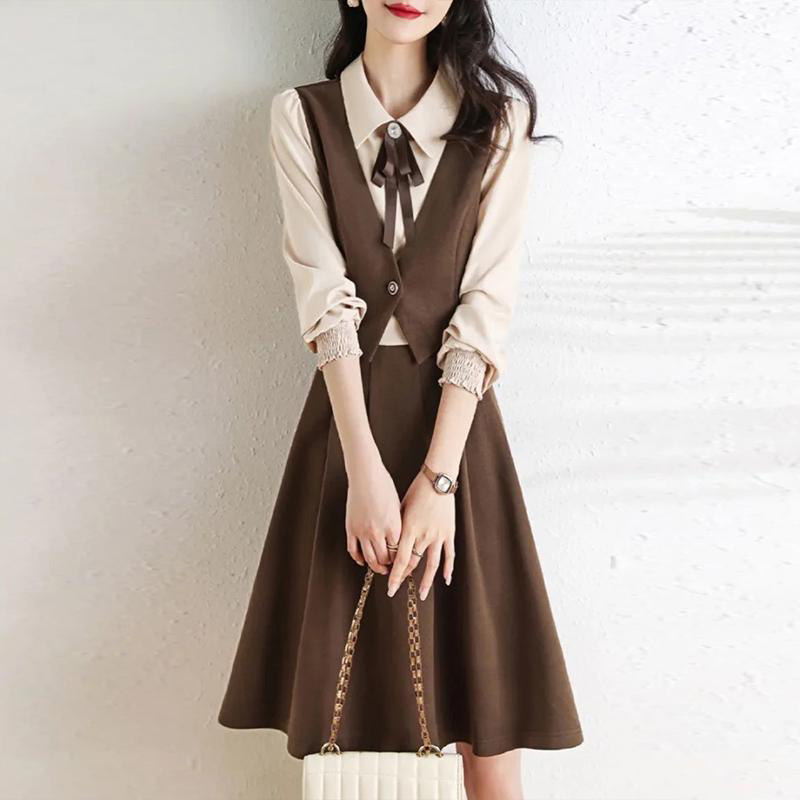 韩版时尚蝴蝶结假两件裙子2024春秋新款领结装饰连衣裙女6079