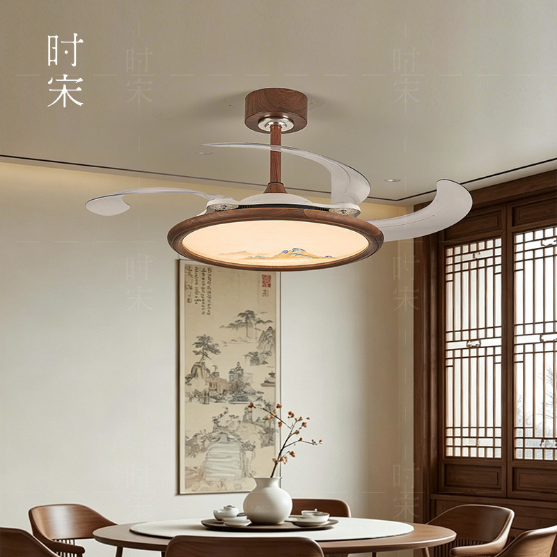宋氏美学风扇灯餐厅北美胡桃木禅意卧室圆形客厅吸顶灯新中式灯具