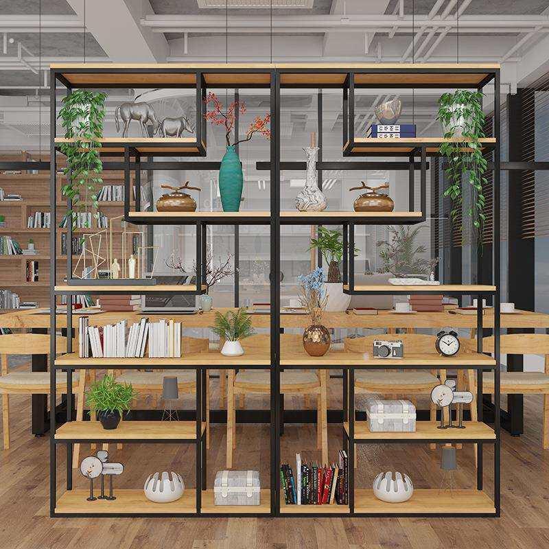铁艺隔断置物架实木办公室落地屏风美式工业风创意书架装饰收纳层