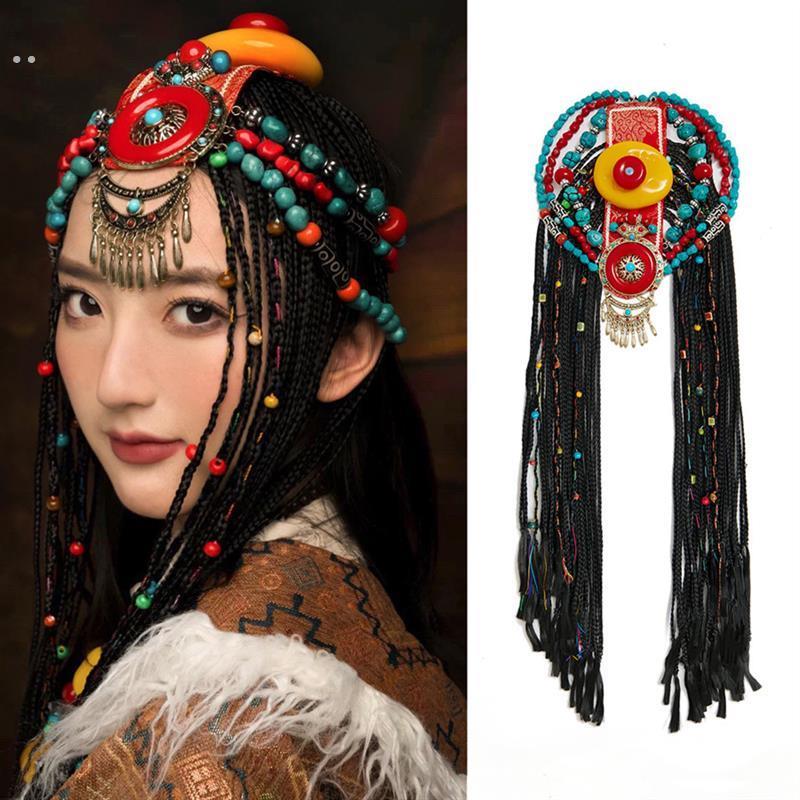 藏族头饰女彩色彩绳假发片辫子麻花辫舞蹈演出民族风发饰写真头饰