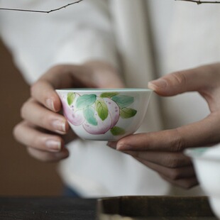 釉下彩手绘蟠桃茶杯大号功夫茶具文人器品茗杯陶瓷主人杯家用