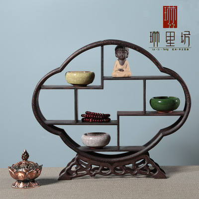 鸡翅木实木海棠型博古架紫砂壶