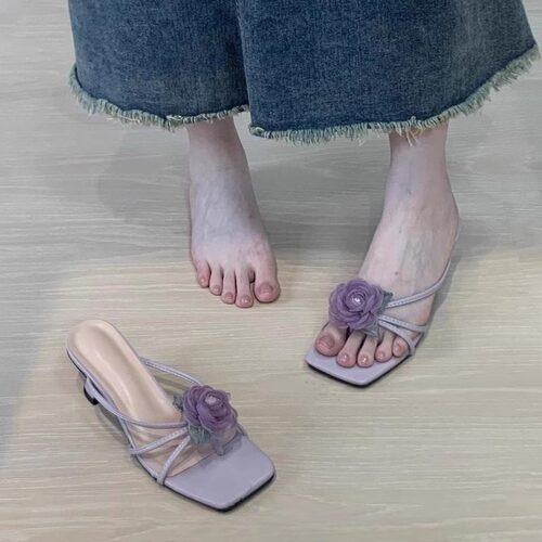 新中式旗袍高跟凉鞋女夏外穿2025新款仙女风气质紫色玫瑰花凉拖鞋