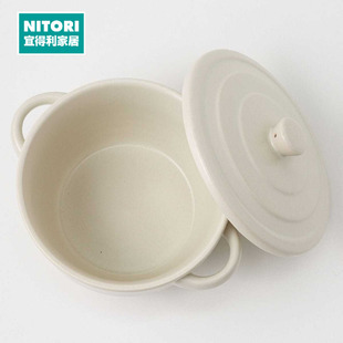 NITORI宜得利家居圣诞红微波炉器皿耐高温陶瓷碗可烘焙双耳带盖碗