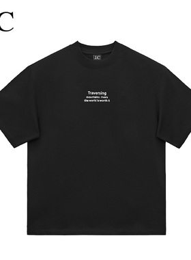 J.C/简裁男士短袖T恤纯棉260克美式小落肩字母印花圆领上装体恤衫