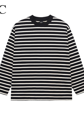 J.C/简裁美式长袖t恤圆领230克条纹春秋季打底衫宽松男士上衣新款