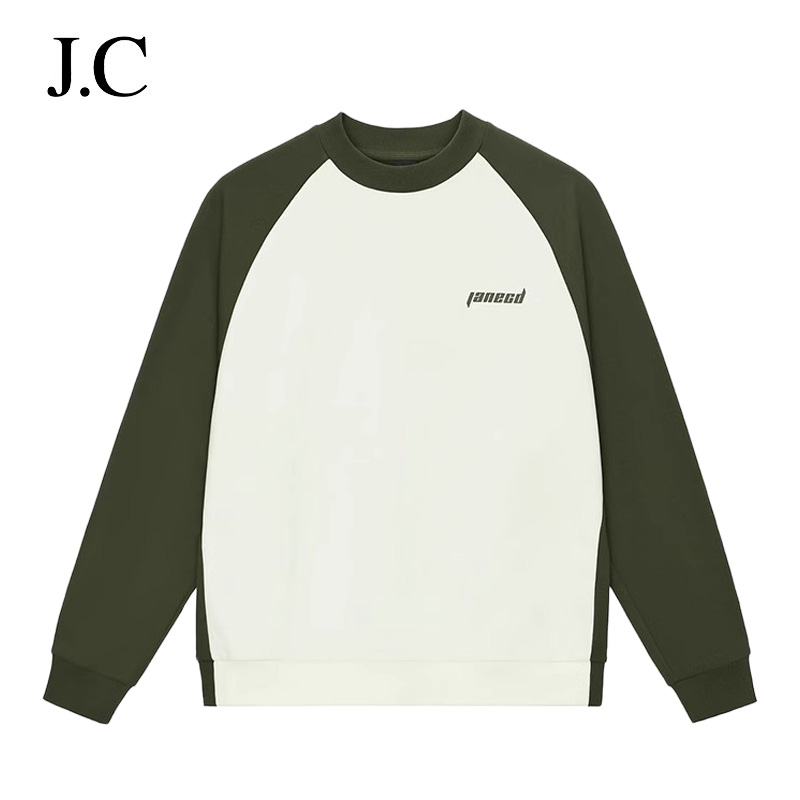 janecd插肩袖拼色加绒圆领卫衣