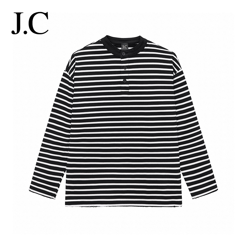J.C/简裁美式长袖条纹T恤350克宽松休闲亨利领男士上衣春秋季新款,男装,T恤,淘宝优惠券,粉丝福利购,淘宝优惠卷