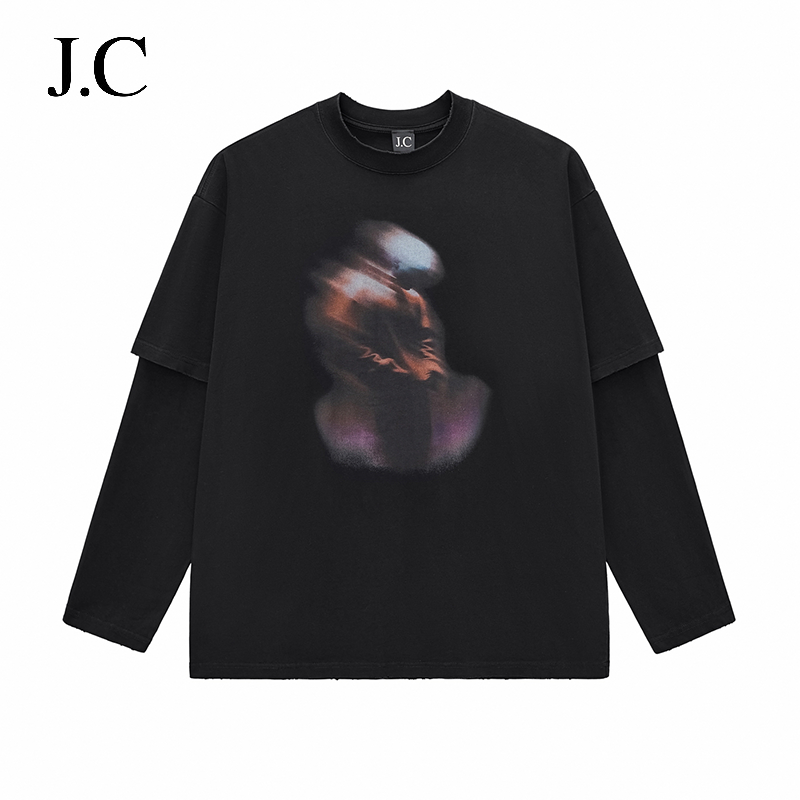 JC假两件长袖T恤美式潮牌上衣
