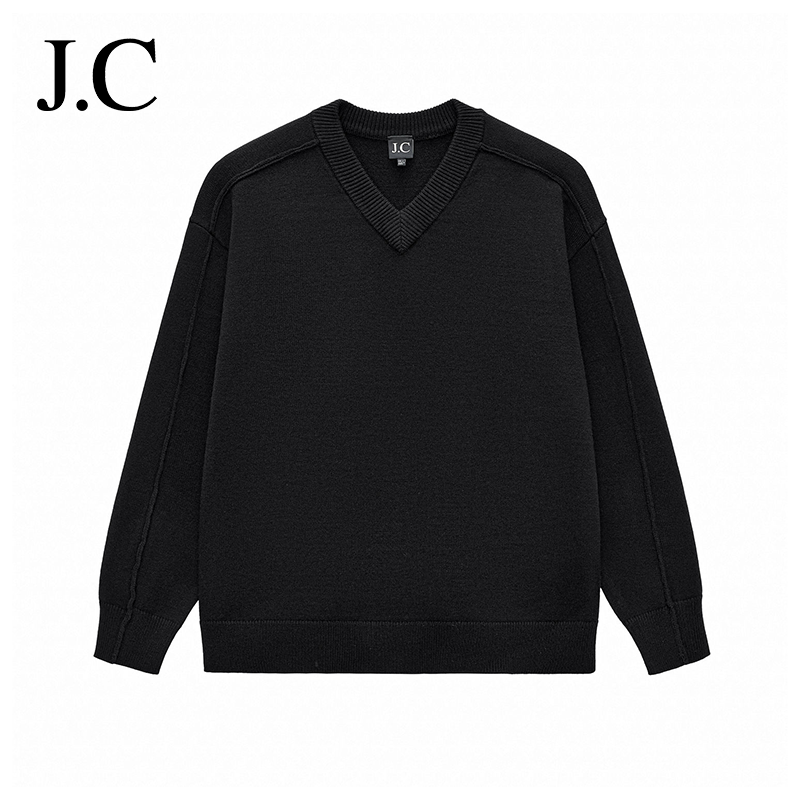 JC美式复古V领毛衣700克重磅宽松