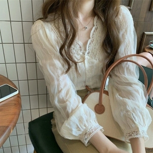 百搭长袖 法式 时尚 气质温柔v领雪纺衫 上衣2025 女春秋甜美别致小衫