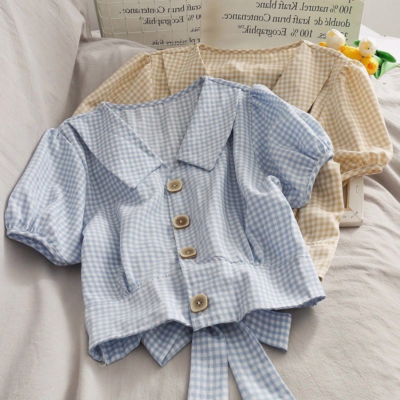 2025夏季新款格子小衬衫韩范百搭修身蝴蝶结泡泡袖短袖上衣女