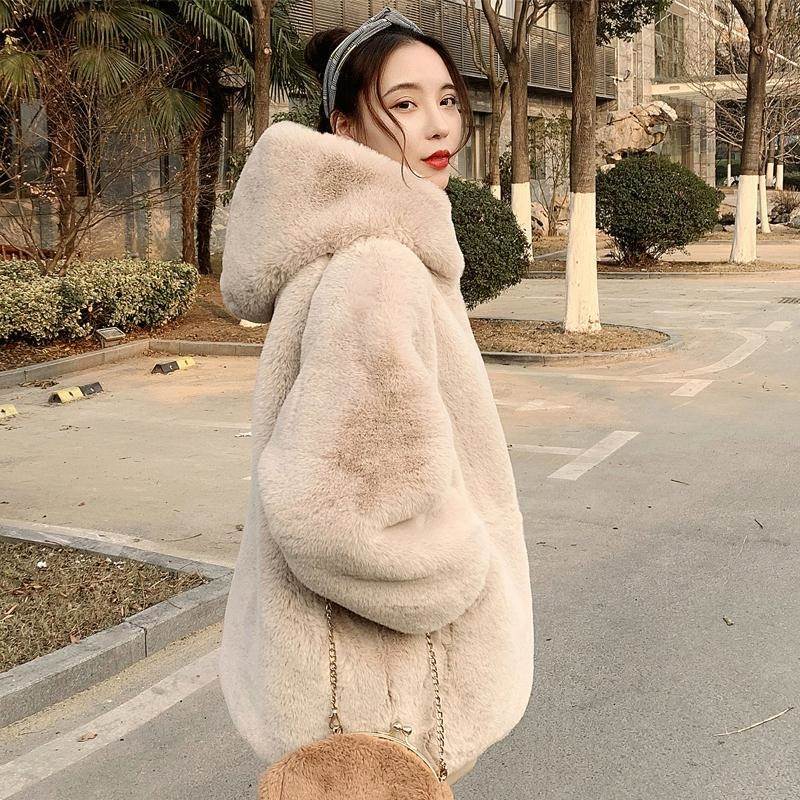 韩版毛毛绒皮草外套女中长款冬季茧型拉链仿兔毛连帽大衣宽松2025