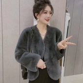 春秋季 仿皮草短年轻皮草 2026仿貂v领新中式 轻奢时尚 短外套女开衫
