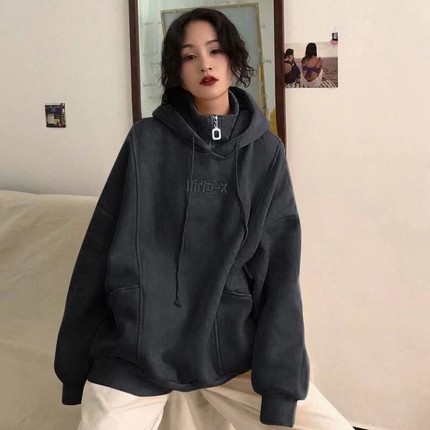 卫衣女秋冬韩版高领拉链连帽字母刺绣加绒加厚学生上衣外套潮