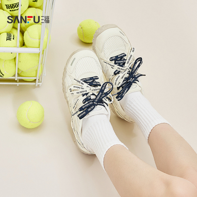 三福女运动鞋春季酷感泽西字母绑带网面圆头慢跑鞋女鞋854376