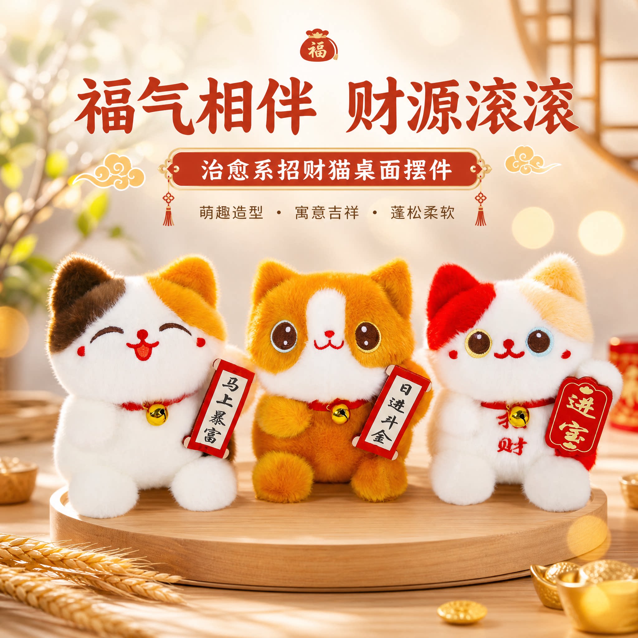 正版招财猫毛绒玩具公仔可爱三花猫桌面摆件娃娃玩偶送女生日礼物