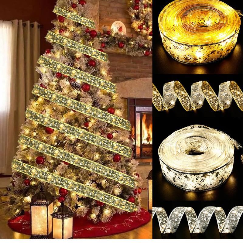 新款圣诞松果丝带灯串装饰led铜线灯蝴蝶结彩带圣诞树彩灯