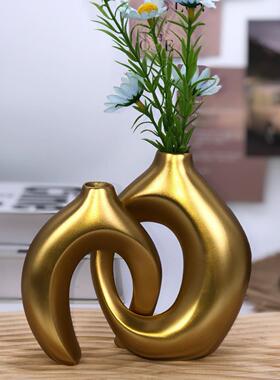 新年摆件客厅摆件高端大气上档次欧式简约小号分体依偎花瓶现代创