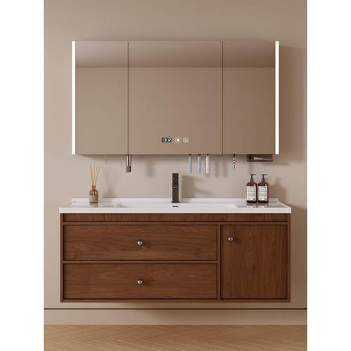 面盆柜洗漱台一体盆小户型洗漱池胡桃色中古风实木浴室柜陶瓷卫生