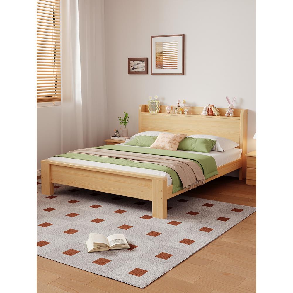 木头床双人床1米5新式单人床全实木床简约现代1.5米双人床出租房