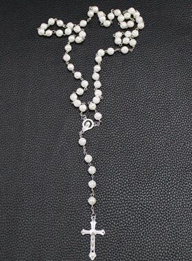 2026年新款高端毛衣链设计感小众玫瑰花十字架洗礼念珠项链宗教冷