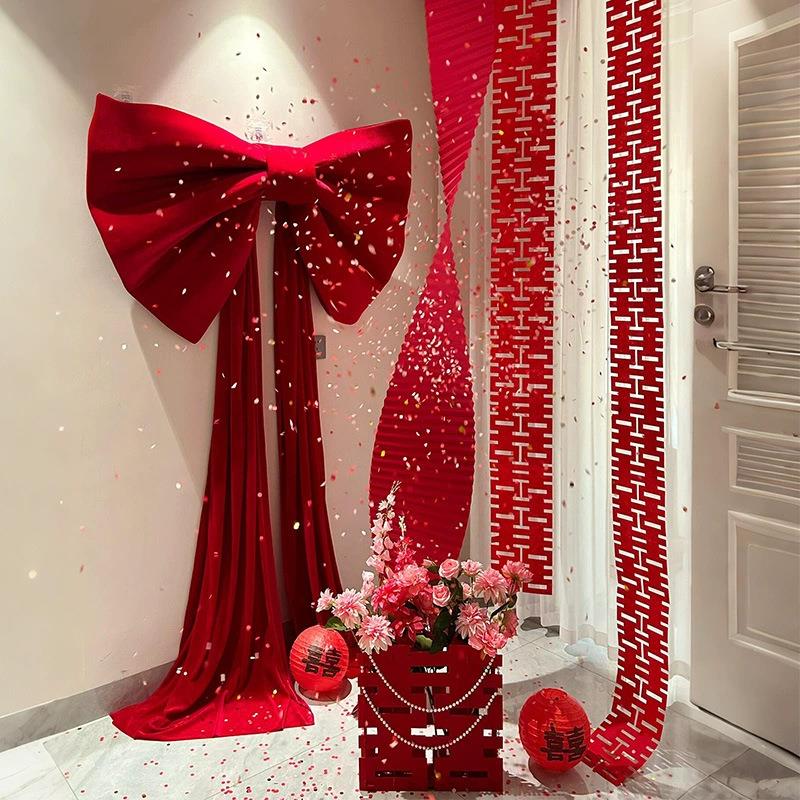 超大红丝绒蝴蝶结装饰婚礼浪漫布置拍照打卡背景墙结婚路引红蝴蝶
