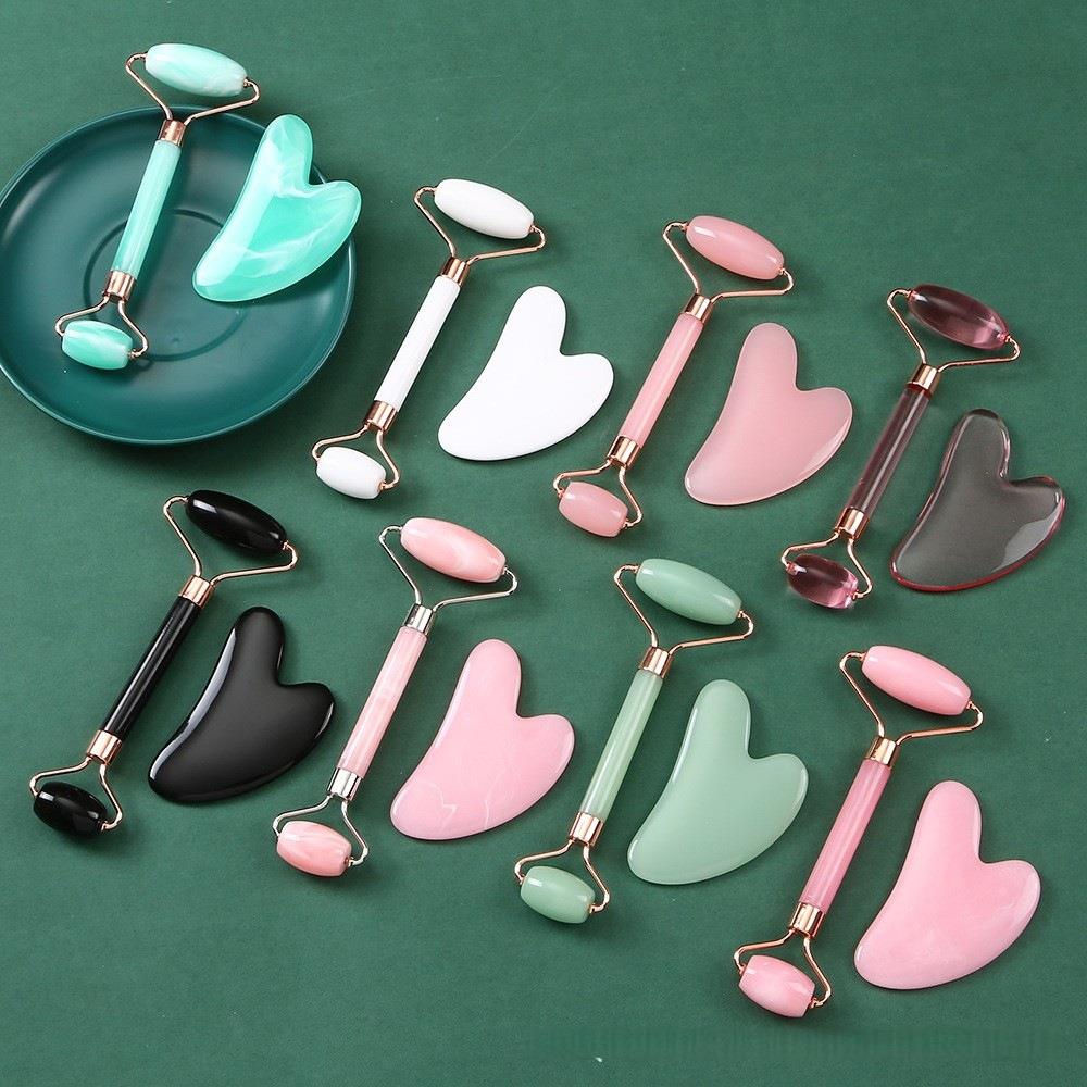 面部粉晶双头滚轮按摩器仪非玉石心形经络美容脸部刮板套装