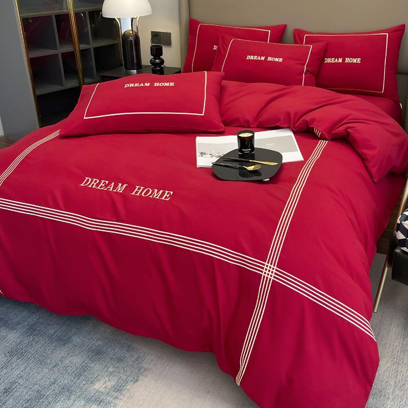 大红色婚庆四件套结婚床上用品水洗棉被套床单中式喜庆新婚房陪嫁