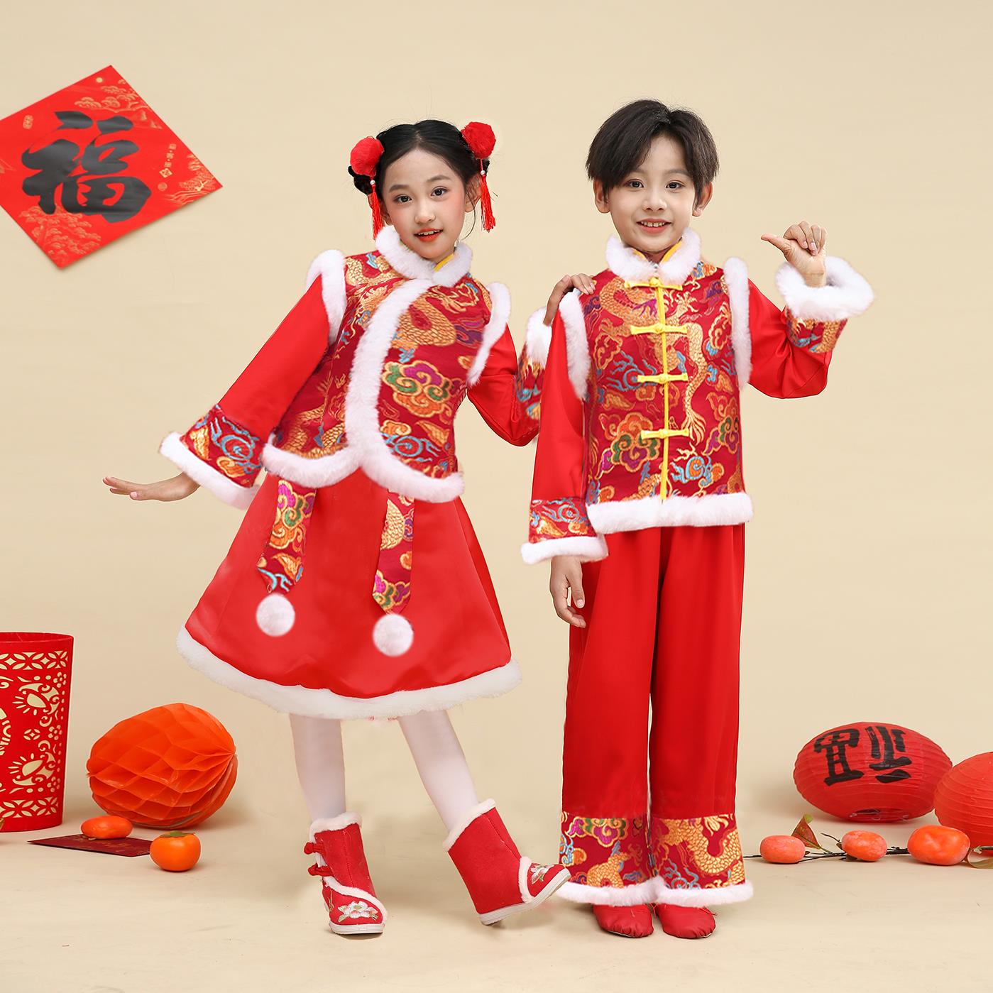 元旦儿童喜庆演出服装红色