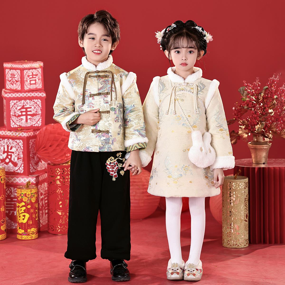 元旦儿童喜庆演出服女拜年
