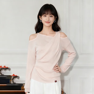 T恤女2025纯欲风甜美气质露肩上衣 粉红色斜领褶皱长袖 秋季 新款