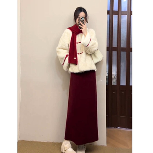 妮彩流行超火新年一整套秋冬新款时尚气质超好看外套半身裙两件套