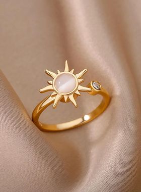 Rotating Sun Opal Ring For Women Stainless Steel Retro