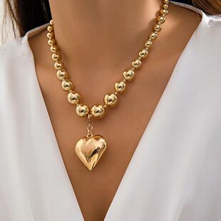 Big CCB Ball Beaded Chain and Heart Pendant Necklace for