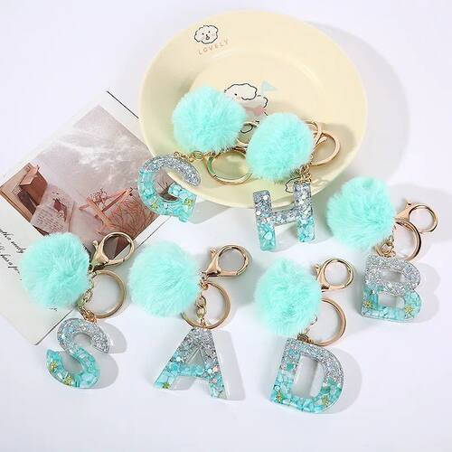 New 26 Initials Letter Key Pendant With Green Fluffy Pompom