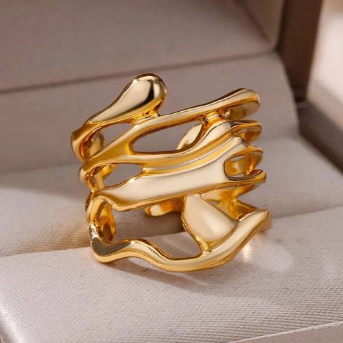 Stainless Steel Rings For Women Men Gold Color Hollow Wide