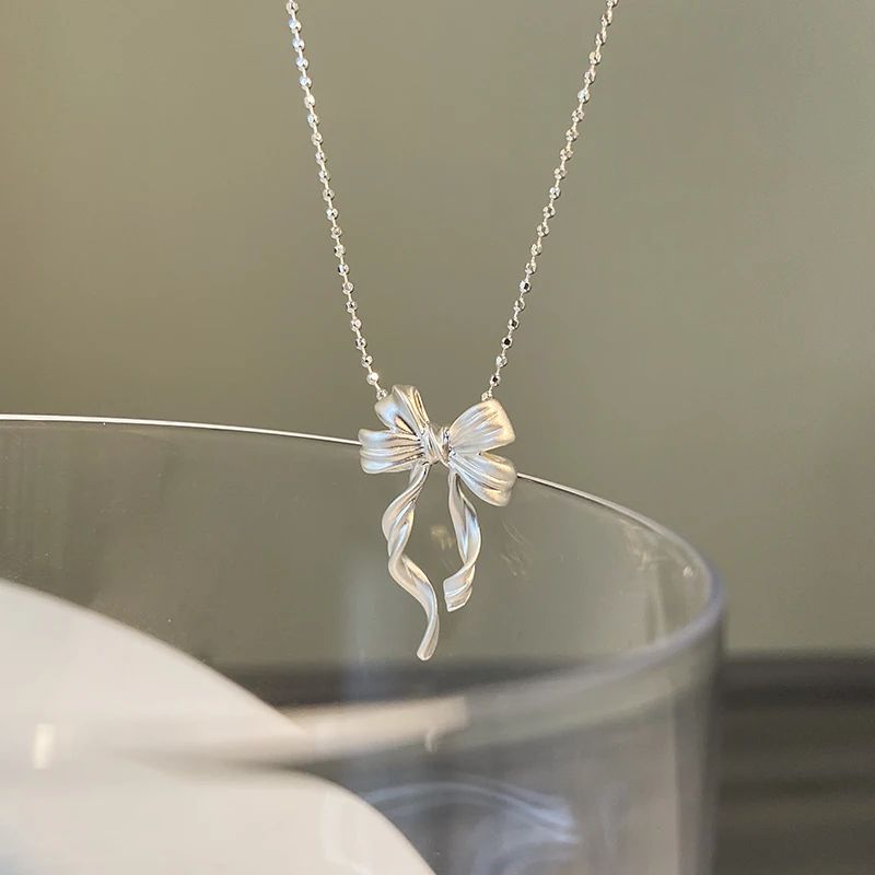 New S925 Sterling Silver Elegant Bow Pendant Necklace Beads