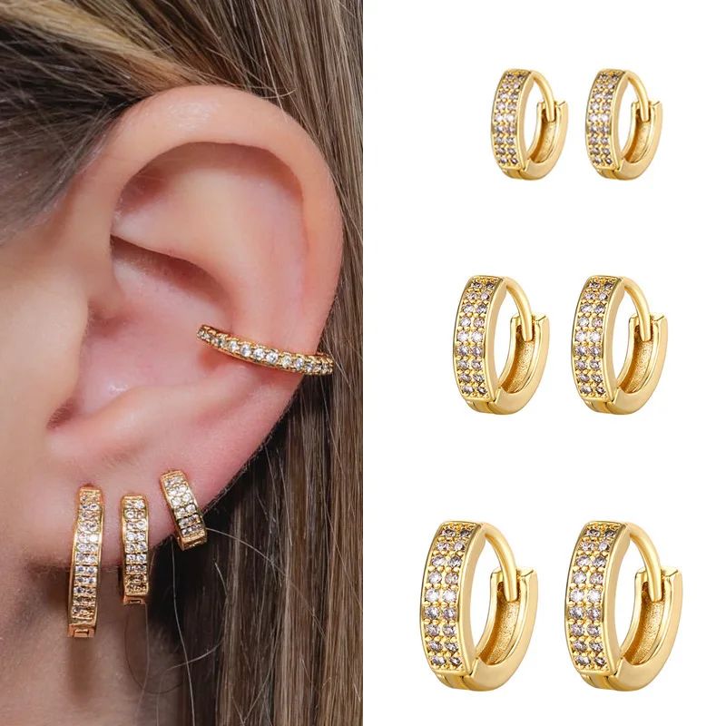 10/12/14mm Exquisite Iced Out Zircon Hoop Earrings Gold