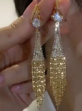 Exquisite Zircon Long Tassel Golden Earrings for Women