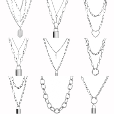 Cute Simple Chain Link Lock Necklace Pendant Women Silver