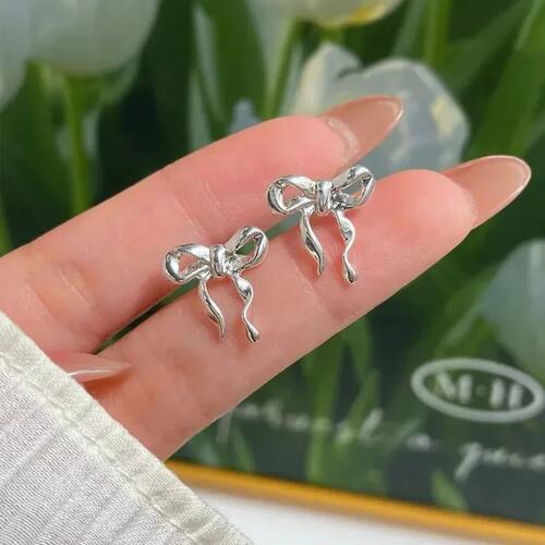 Metal Bowknot Earrings For Women Sweet Elegant Silver Color