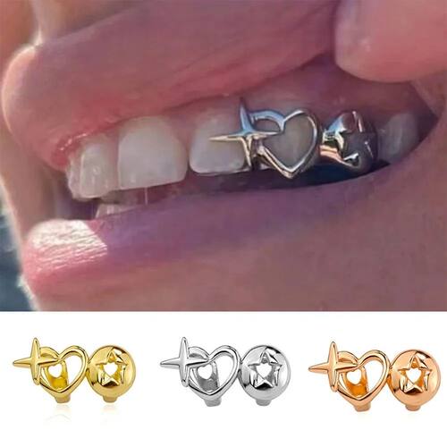 Punk Hip Hop Hollow Heart Teeth Caps for Women Men Silver